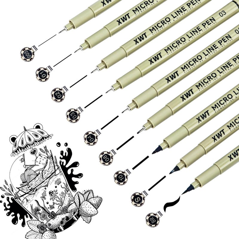 XWT Micro Fineliner Pens 9 Size/Set, Ultra Fine Fineliner, Soft Nib, Brush Marker, Water-based Black Pigment Ink, Drawing Journaling Doodle Supplies for Artists, Designers, Students - Image 1